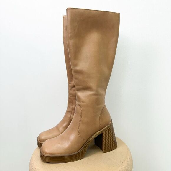 Steve Madden Fanatik Women’s Tan Leather Chunky Stacked Block Heel Below the Kne - Picture 9 of 14
